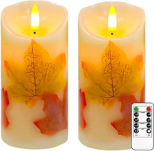Flameless LED Candles Set 2pc Maple Leaf Flickering Pillar With Remote Timer