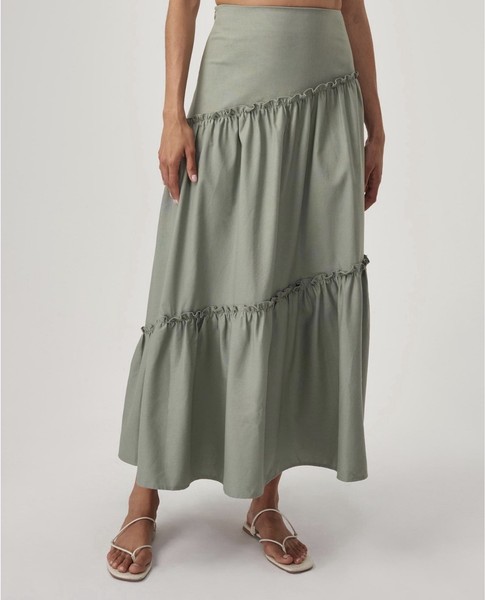 The Fated Moss Green Maxi Skirt Size AU10 US6 Tiered Ruffles Side Zip VGC