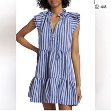 Veronica Beard 14 Zee Plaid Flax Linen Blend Tiered Mini Dress In BLue & White
