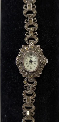 Art Deco Damenuhr aus 925er Silber mit Markasit-Besatz Quartz Vintage Japan - Bild 1 von 4