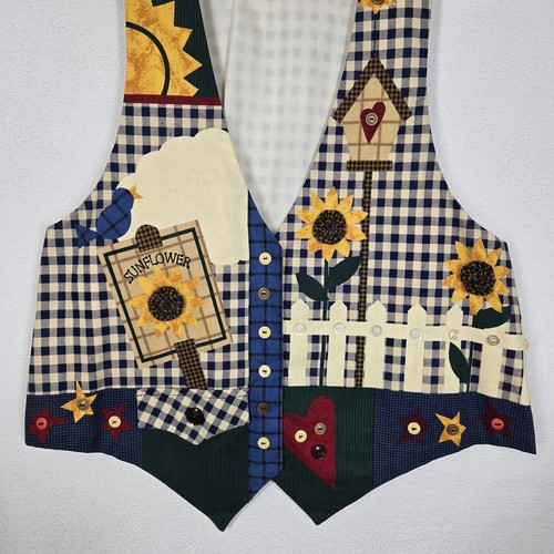 VTG Handmade Gingham Checked Vest XL* Sunflower Cottagecore Farmhouse Teacher - Picture 3 of 11