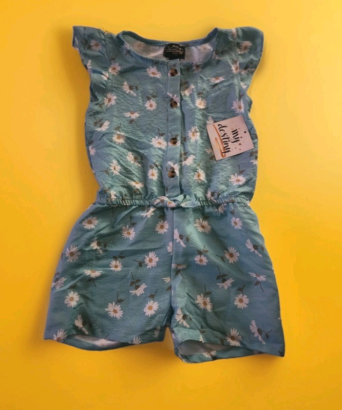 Graphic Print Baby Girls Drawstring Waist Button-Down Romper Sz 4T