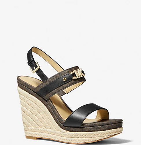 Michael Kors Farrah Leather LOGO Platform Wedge Sandal Black Combo 8.5 M NIB HOT