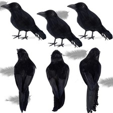 ATDAWN 6 Pack Halloween Black Feathered Crows, Realistic Halloween Birds Decorat
