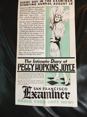 1930s San Francisco Examiner Advertising Poster for  Peggy Hopkins Joyce Article