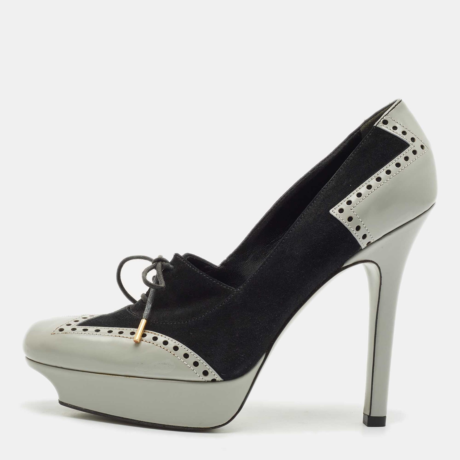 Gucci Black/Grey Suede and Leather Oxford Lace Platform Pumps Size 39