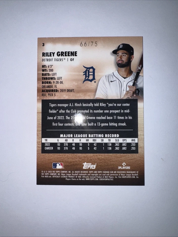 2023 Topps Stadium Club - Riley Greene #3 Purple Foil /75 (RC) - Image 2 of 2