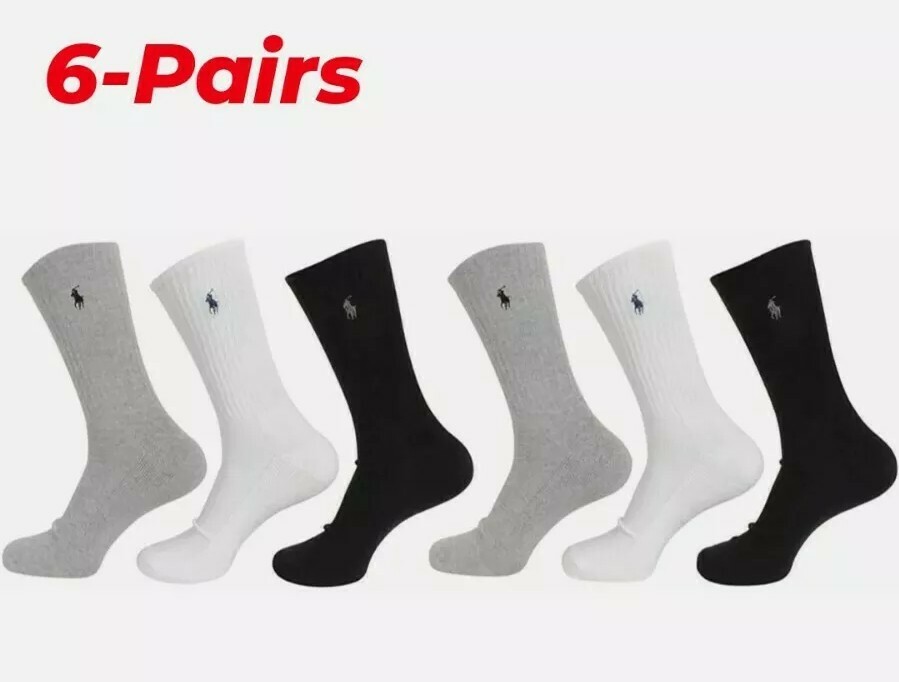 PONY Polo Ralph Lauren Classic Sport Nero Bianco Grigio 6 Paia Calze Crew 10 13
