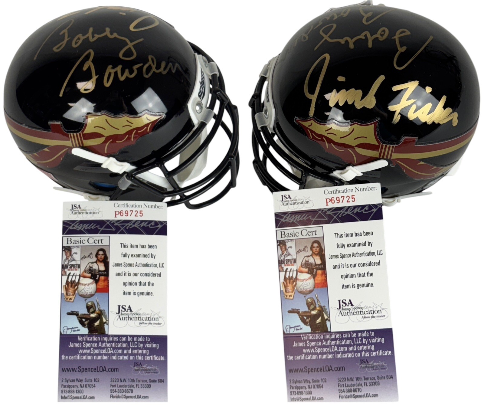 BOBBY BOWDEN & JIMBO FISHER Autographed Signed Florida State Seminoles Mini Helmet FSU Seminoles National Champs JSA 