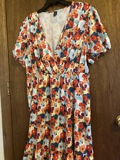 Women Beautiful Shein Curve Floral Print Puff Sleeve Stretch Waist Dress Sz 1XL