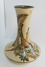Tonala   Mexican Pottery Vase Hand Painted with a Bird and Leaves -Brown/Green