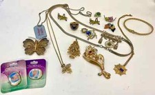 Bag of Miscellaneous Costume Jewelry in Bulk 7.5oz Pins, Necklaces, Rings ETC.