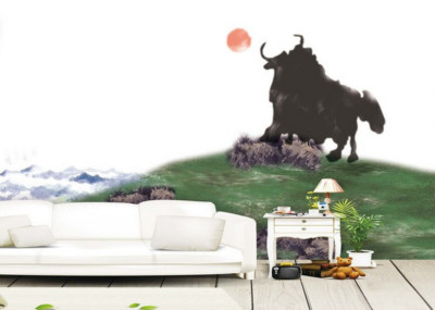3D Rasen Kuh Sonne Q3529 Tapete Wandgemälde Fototapete Selbstklebend Kay