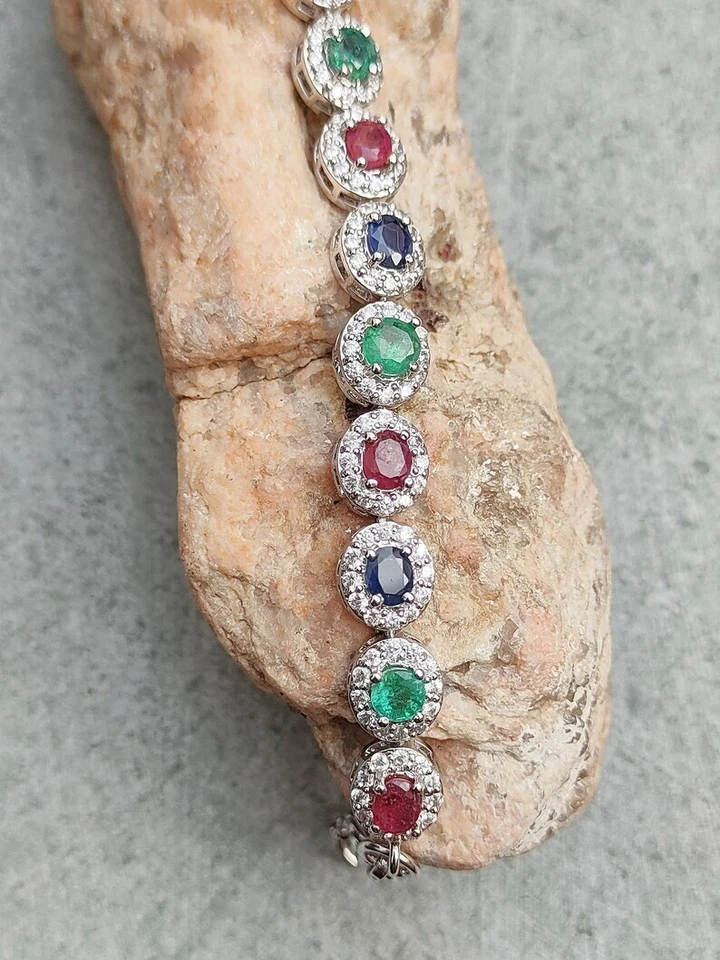 AAA+Ruby Sapphire Emerald Women's Bracelet 925 Sterling Silver Charm Bracelet - Image 2 of 4