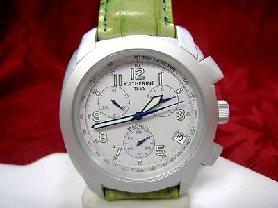 KATHERINE TESS MAGNUM CHRONOGRAPH DATE LIME GREEN LEATHER BAND WATCH RUNS GREAT