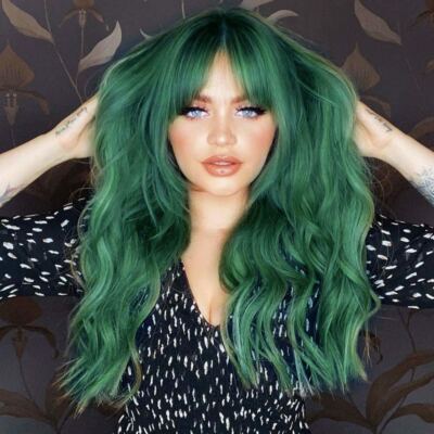 Women Long Wavy Green Wigs with Bangs Cosplay Costume Dress