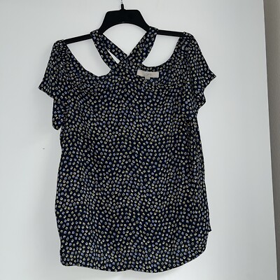 Loft M Women's Navy & Yellow Cold Shoulder Flutter Short Sleeve Blouse Top