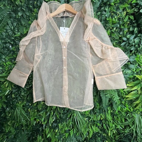 HESPERUS Tops Women Large Beige Sheer Button Ruffle Statement Blouse 0144 - Picture 4 of 6