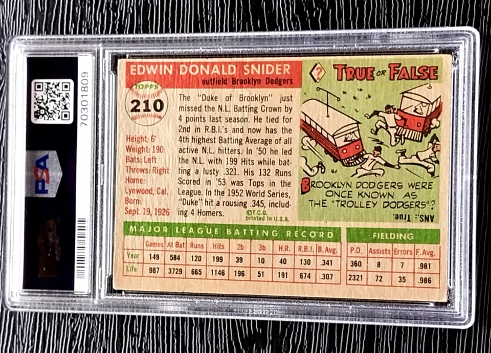 Tarjeta de béisbol 1955 Topps Duke Snider #210 **sin pliegues** **centrada** PSA 3 en muy buena condición Foto 3 de 4