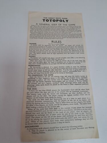 Totopoly INSTRUCTIONS/RULES ONLY 1949 Horse Racing Game Waddingtons Free Postage - Picture 1 of 3