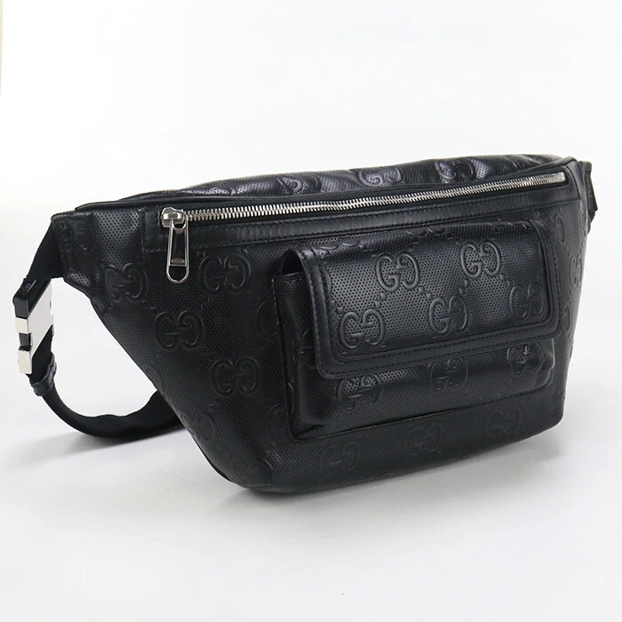 GUCCI GU90146 Grand Sac Ceinture GG Emboss Body Bag Cuir Sac Noir Homme
