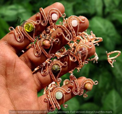 Unakite & Mix Gemstone 5PCS Beads Snake Rings Handmade Copper Wire Wrap Jewelry