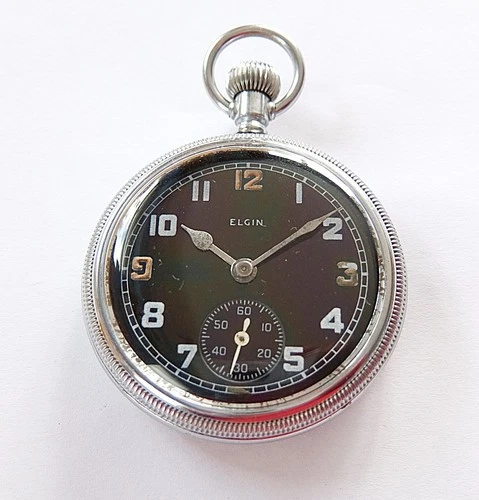 1940's METAL SCREW CASED ELGIN MILITARY SWISS LEVER POCKET WATCH WORKING