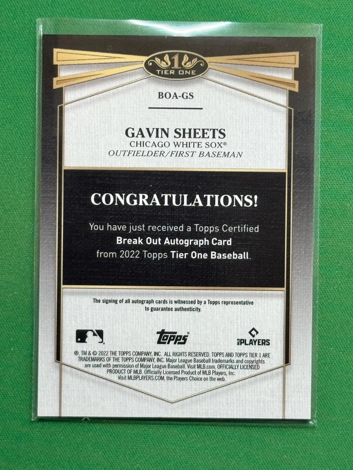 2022 Topps Tier One Baseball Break Out Autographs #BOA-GS Gavin Sheets RC /299 - Image 2 of 2