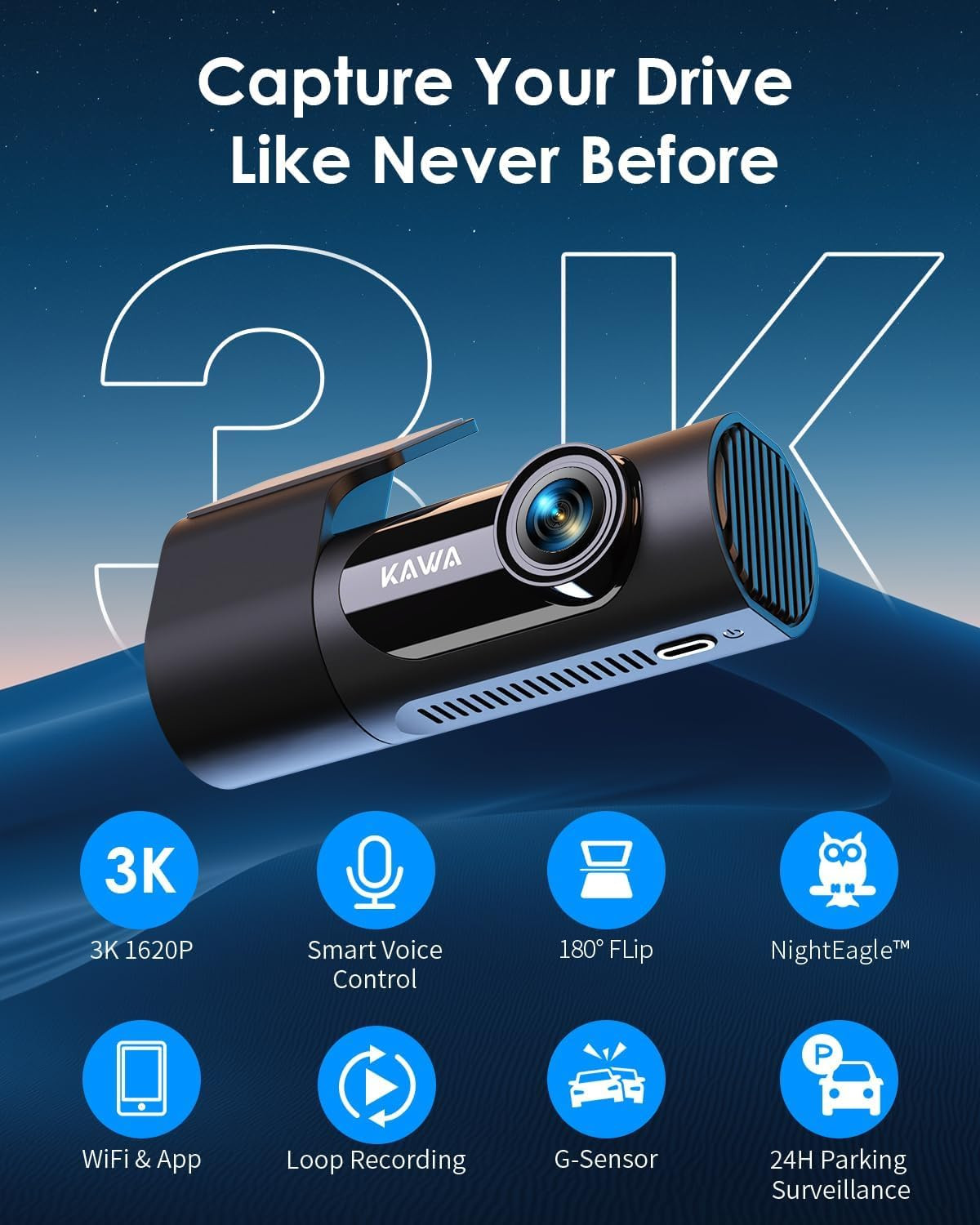 Camera voiture 1620P commande vocale Dash Cam 3K connectée Wifi