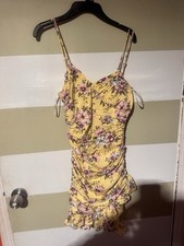 FOREVER 21 Yellow Purple Floral Ruched Mini Sundress Sleeveless Strappy Dress M