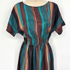 Vintage Alison Peters Striped Midi Dress Teal Copper Black 80s Button Back Sz 10