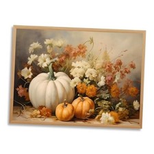 Vintage Fall Canvas Wall Art White Pumpkin 16L" x 24W" Style-2 Wood Frame
