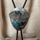 VINTAGE NICKEL SILVER TONED Bolo Tie Turquoise Coral Eagle — photo 1