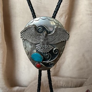VINTAGE NICKEL SILVER TONED Bolo Tie Turquoise Coral Eagle