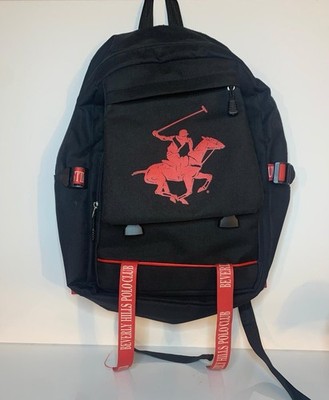 Beverly Hills Polo Club Black Nylon Backpack Red Pony Logo Classic Travel Bag