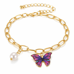 Authentic Gold Plated Butterfly Charm Chain Bracelet with Genuine Pearl
