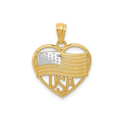 14k Gelb-Rhodium Gold Herz USA Anhänger amerikanische Flagge patriotische Halskette