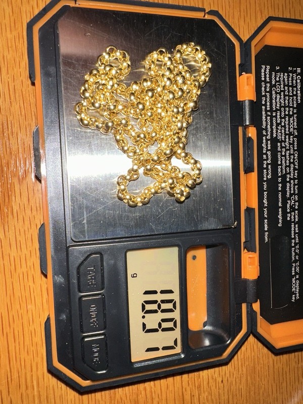 18k Gold Rolo Link Chain Necklace, Lobster Clasp and 24” length. 