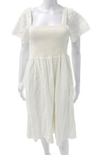 Madewell Women Sundress Linen Square Neck Knee Short Sleeve White Size PS