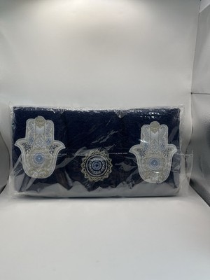 Set of 3 Navy Blue Cotton Embroidered Hand Towel with Hamsa Motif for Bathroom
