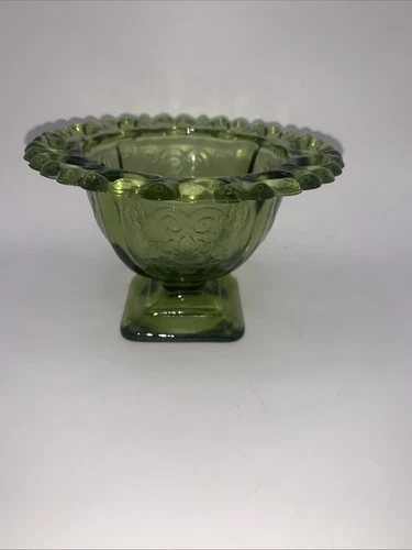 Vintage Green Depression Glass Compote Candy Dish Bowl Lace Edge Embossed Basket
