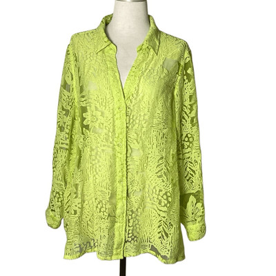 Susan Graver QVC Floral Burnout Sheer Tunic Top Women s 2X Lime Green Blouse