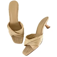Raye Avital Sandal Women's Woven Raffia Mules Heeled Sandals Sz 8.5 Kitten Heel