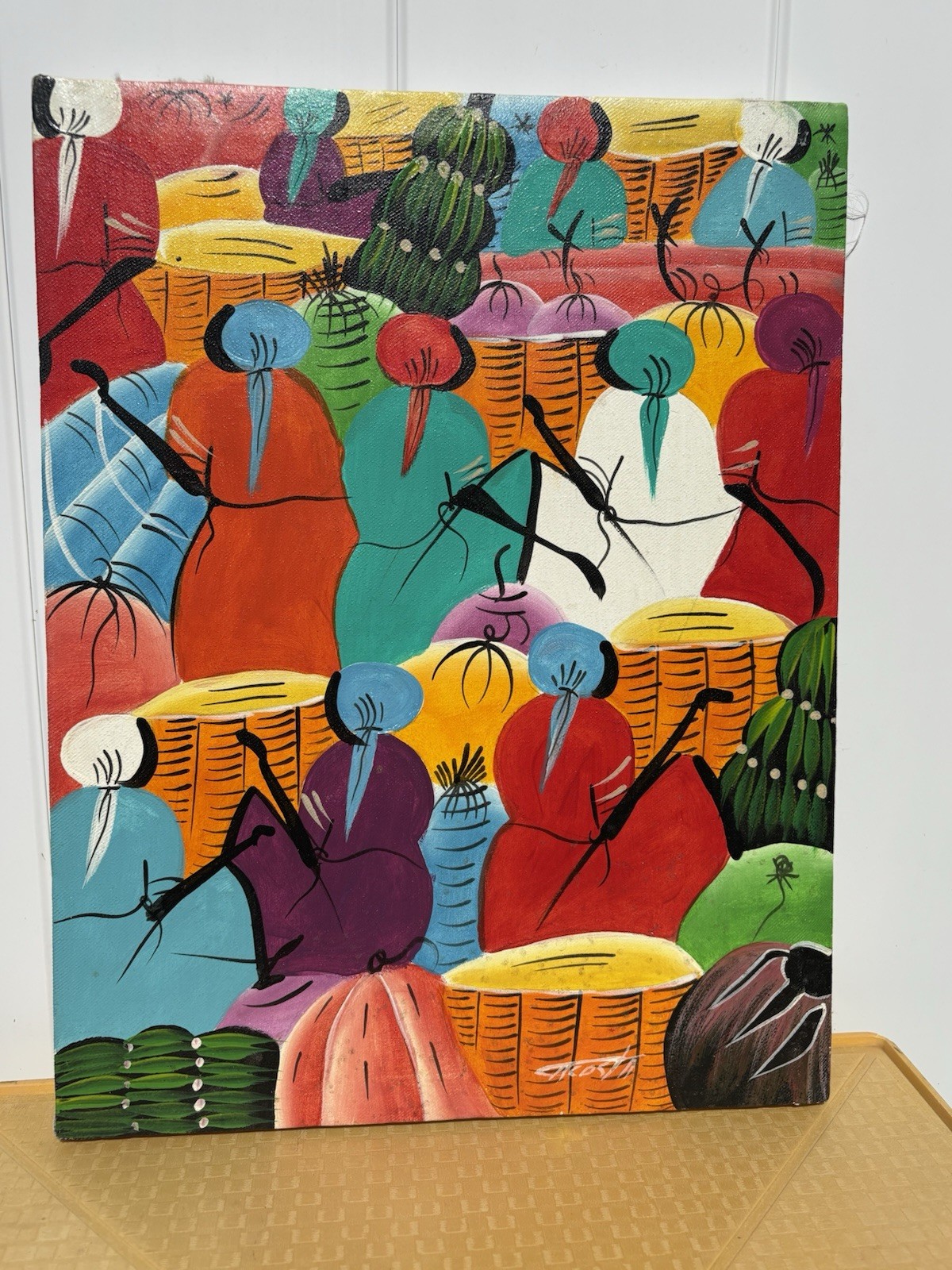 Abstract Haitian Oil painting Nailed Canvas Woman in Market