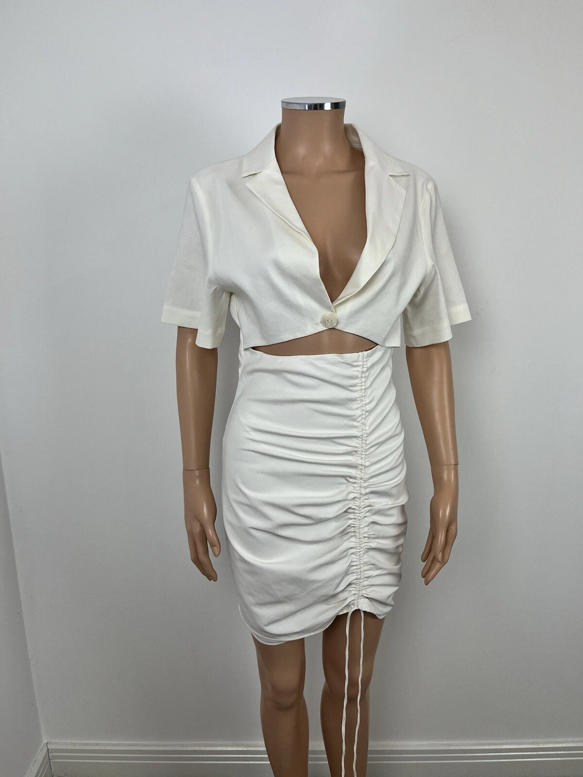 OFF WHITE Mini abito ZARA bianco sporco manica corta ritagliato coulisse camicia schiena aperta M 10