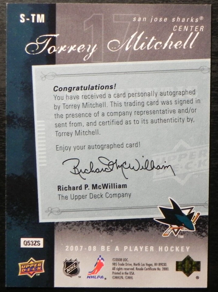 2007-08 07/08 Be a Player Signatures S-TM Torrey Mitchell San Jose Sharks - Image 2 of 2