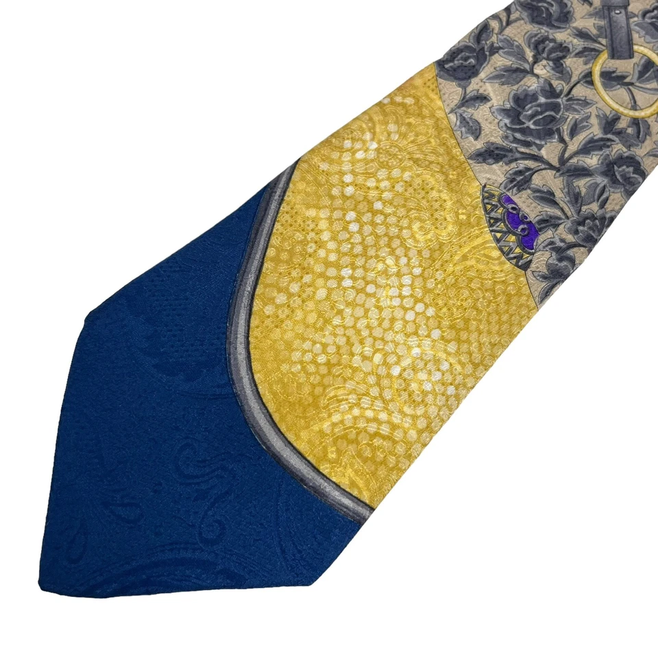 Leonard Paris Men's Tie Equestrian Floral Blue/Yellow Silk 3.75" (W) x 56.5" (L) - Image 4 of 4