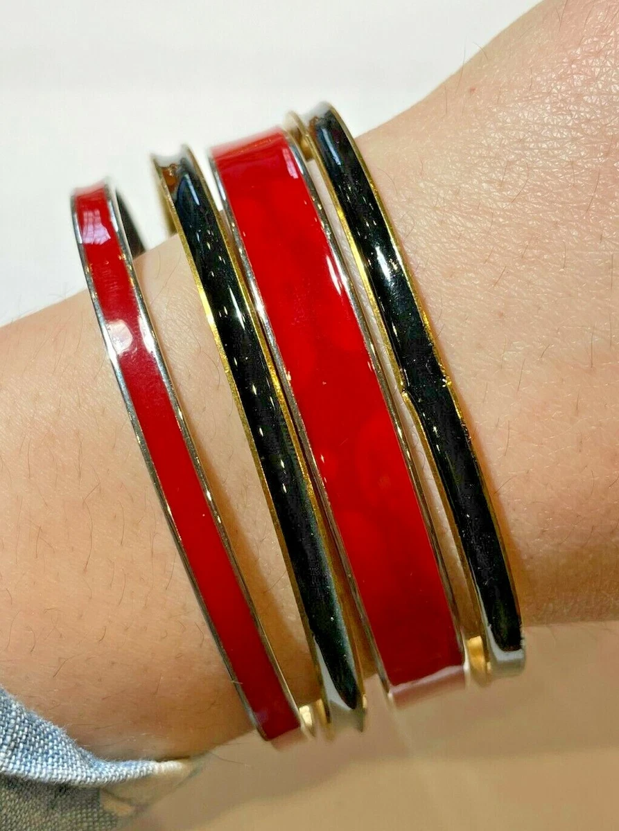 Vintage Set of 4 Stacked Gold Silver tone Black Red Enamel Bangle Bracelet