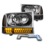 FOR 99-04 F250 F350 SUPER DUTY BLACK HEADLIGHT +LED BUMPER LAMP+BLUE DRL SIGNAL