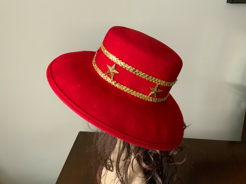 Vintage The Icing Ladies fashion Sunday Church Derby wool felt red Hat 22" M - Picture 6 of 9